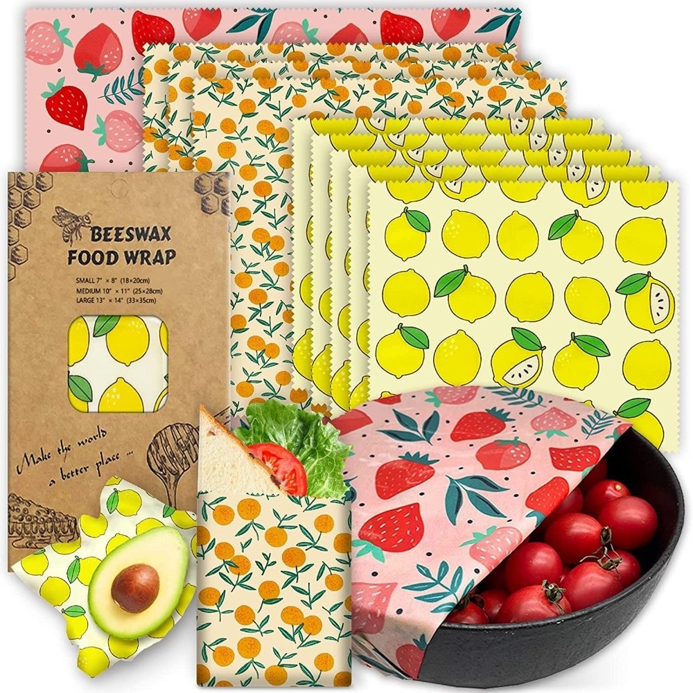 Beeswax Food Cover - 9枚入りマルチサイズ蜜蝋食品ラップ、鮮度保持、洗える食品包装紙、レモン柄、無毒、再利用可能な食品カバー、ゼロ・ウェイスト