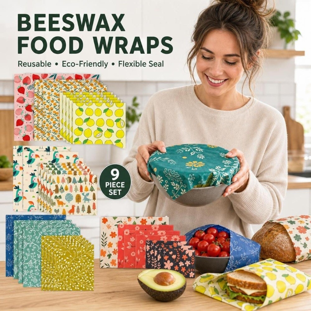 Beeswax Food Cover - 9枚入りマルチサイズ蜜蝋食品ラップ、洗える鮮度保持食品包装紙、レモンオーガニック、再利用可能な食品カバー、ゼロ・ウェイスト