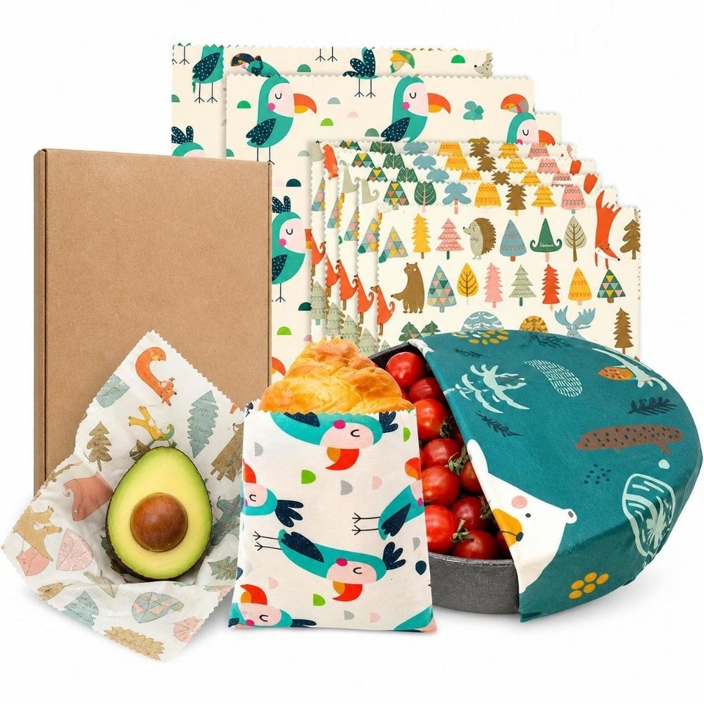 Beeswax Food Cover - 9枚入りマルチサイズ蜜蝋食品ラップ、洗えるオーガニック食品包装紙、鮮度保持レモン柄、再利用可能な食品カバー