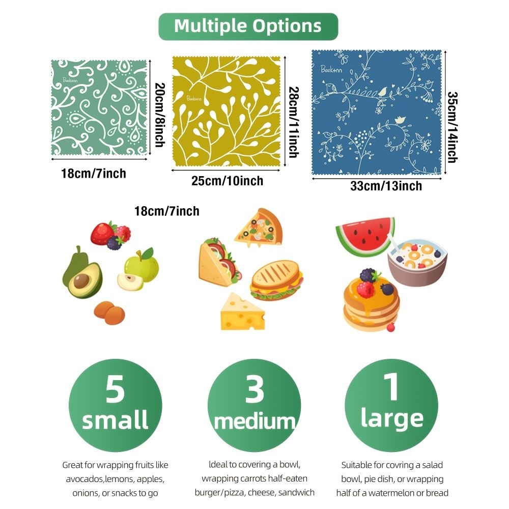 Beeswax Food Cover - 9枚入り、環境に配慮した多サイズの蜜蝋食品用ラップ。洗濯可能で、オーガニック素材を使用。レモンの香りがし、無毒で再利用可能。キャンプにも最適。