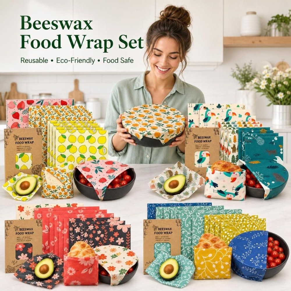 Beeswax Food Cover - 9枚入りマルチサイズ蜜蝋食品ラップ、洗える鮮度保持食品包装紙、レモン柄、再利用可能な食品カバー