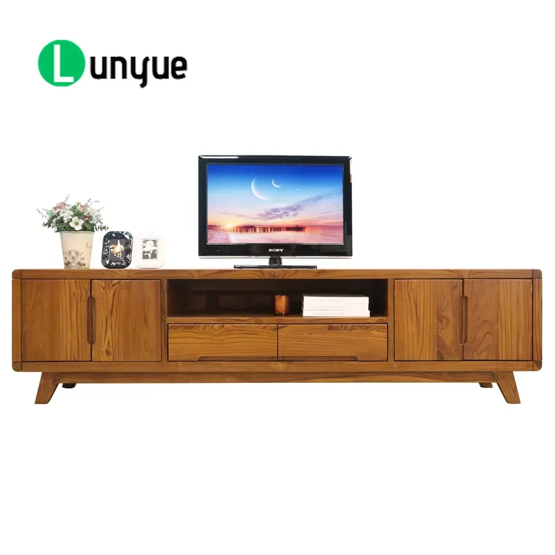 Sustainable Living Usa - スカンジナビア風の現代的で持続可能なチーク材のテレビキャビネット、4つの扉と2つの引き出し、細い脚付き、リビングルームの家具収納用