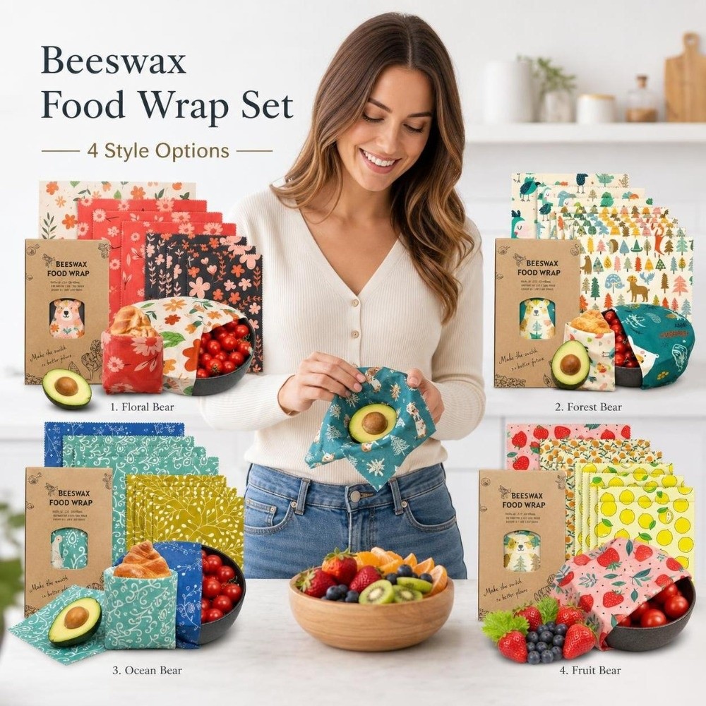 Beeswax Food Cover - 9枚入りマルチサイズ蜜蝋食品ラップ、洗えるオーガニック食品包装紙、イチゴ柄、無毒、再利用可能な食品カバー、ピクニック用