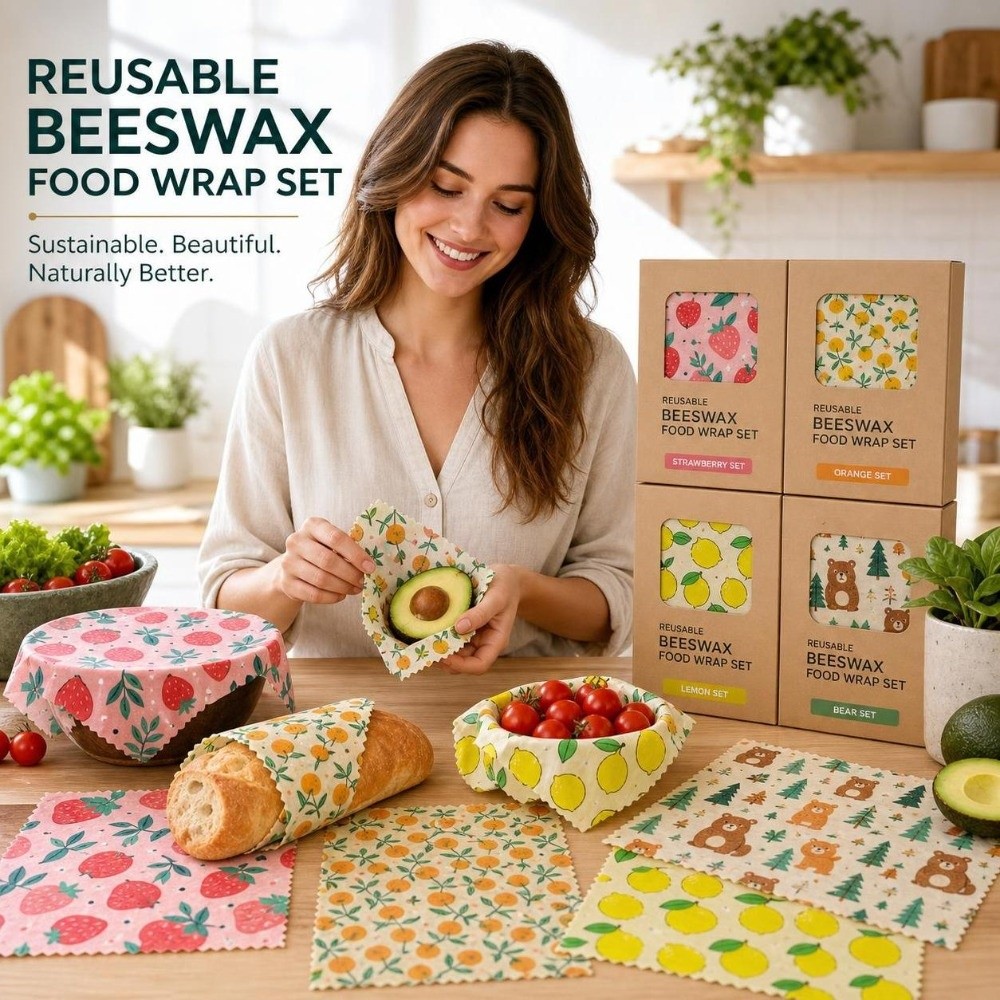 Beeswax Food Cover - 9枚入りマルチサイズ蜜蝋食品ラップ、鮮度保持オーガニック食品包装紙、洗えるイチゴ柄再利用可能な食品カバー